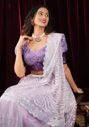 Swirls Design Dusty Pastel lavender Net Saree with sequins