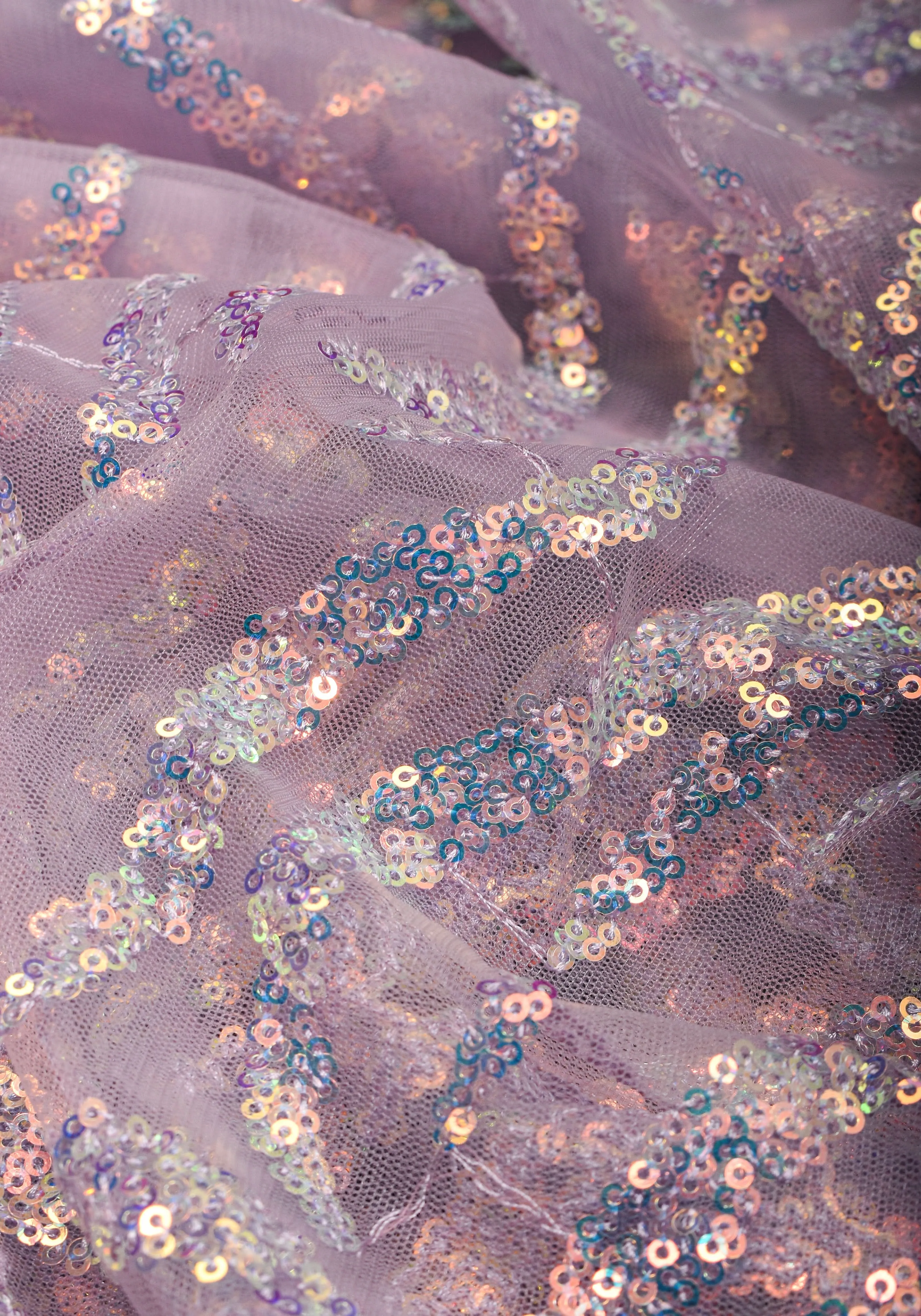 Swirls Design Dusty Pastel lavender Net Saree with sequins