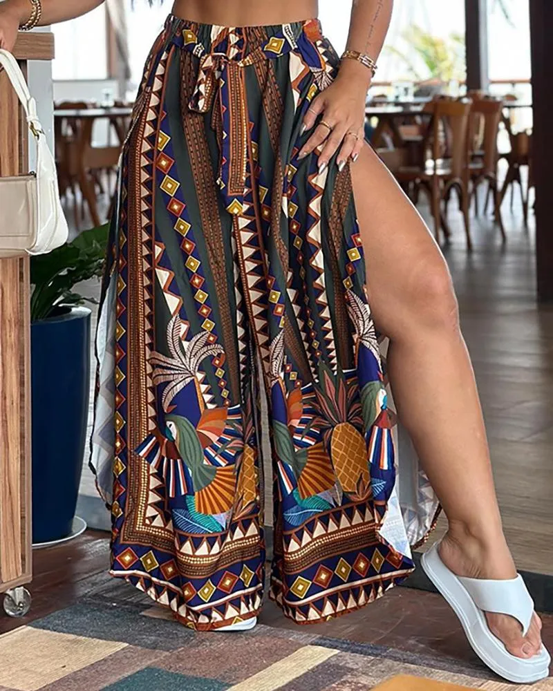 Tribal Tropical Print Slit Tied Detail Pants