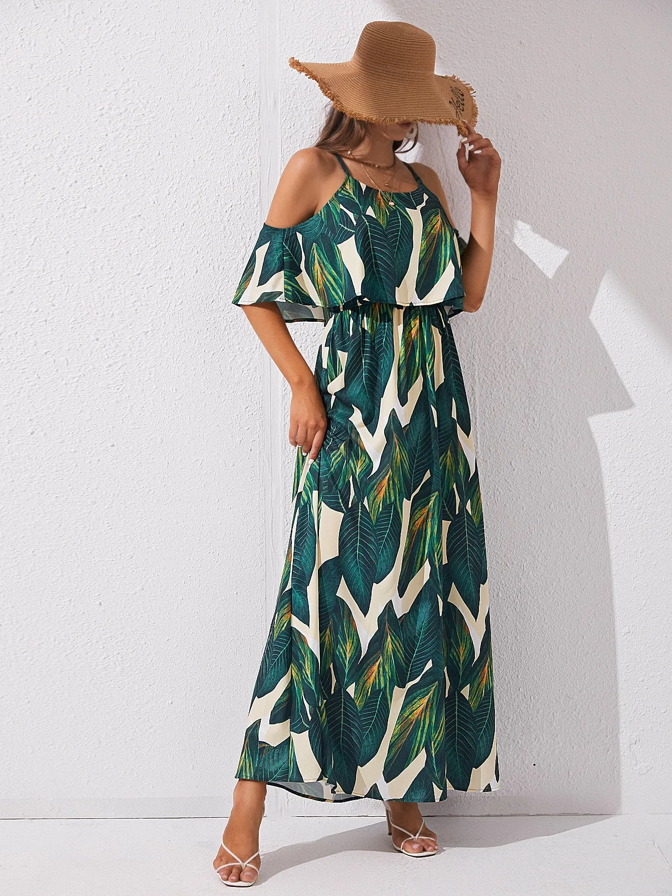 Tropical Print Cold Shoulder Belted Dress