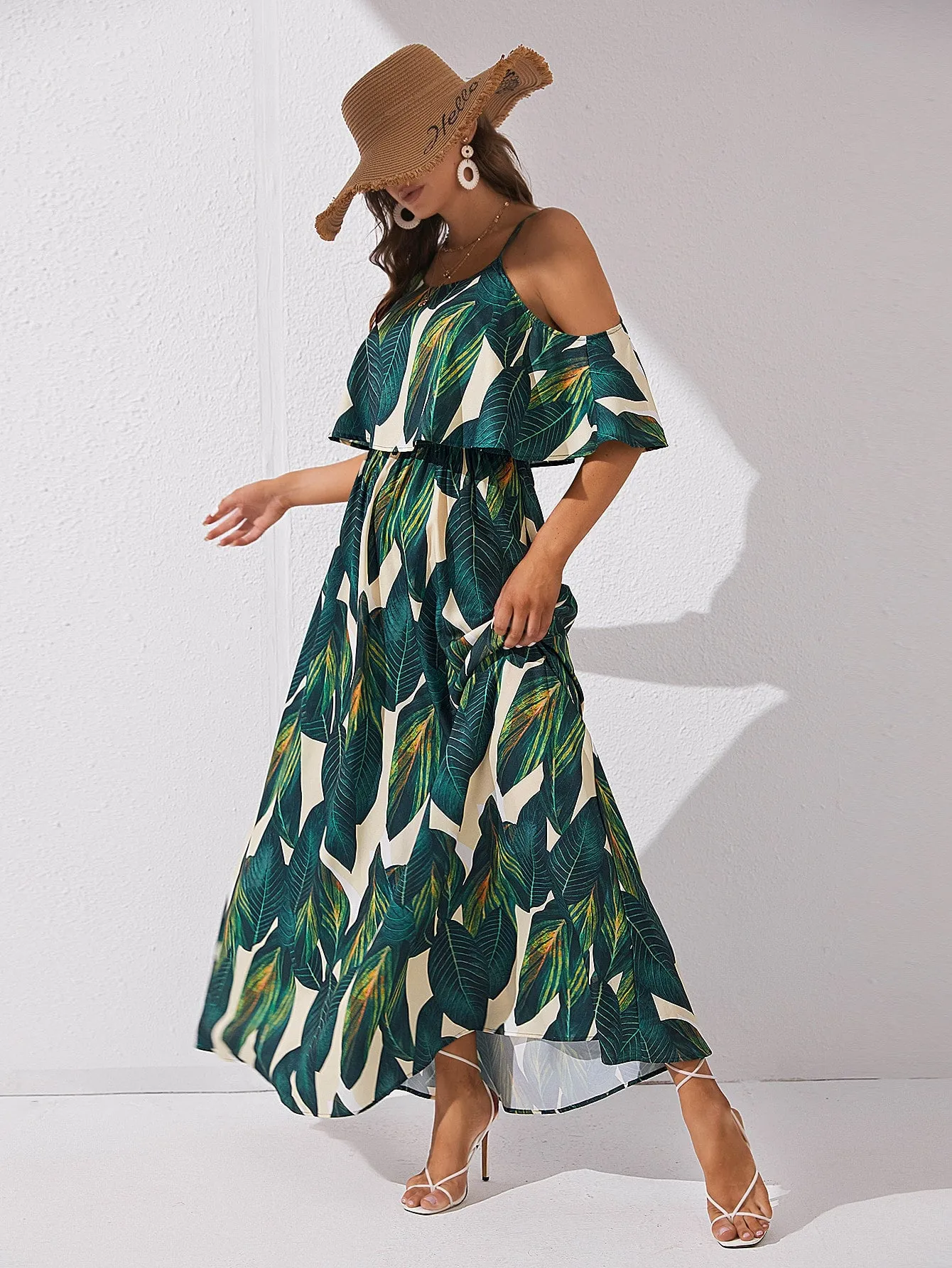 Tropical Print Cold Shoulder Belted Dress