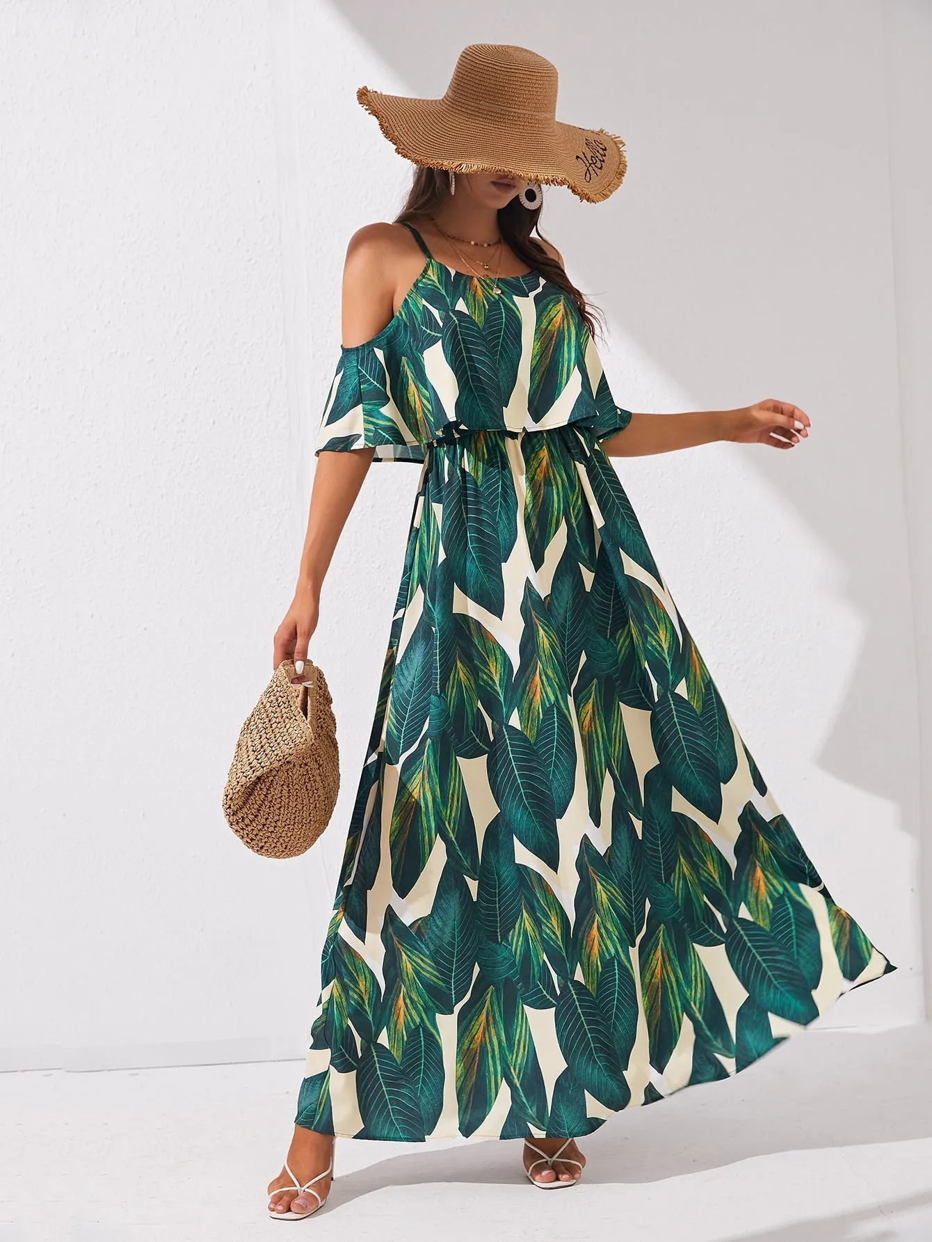 Tropical Print Cold Shoulder Belted Dress