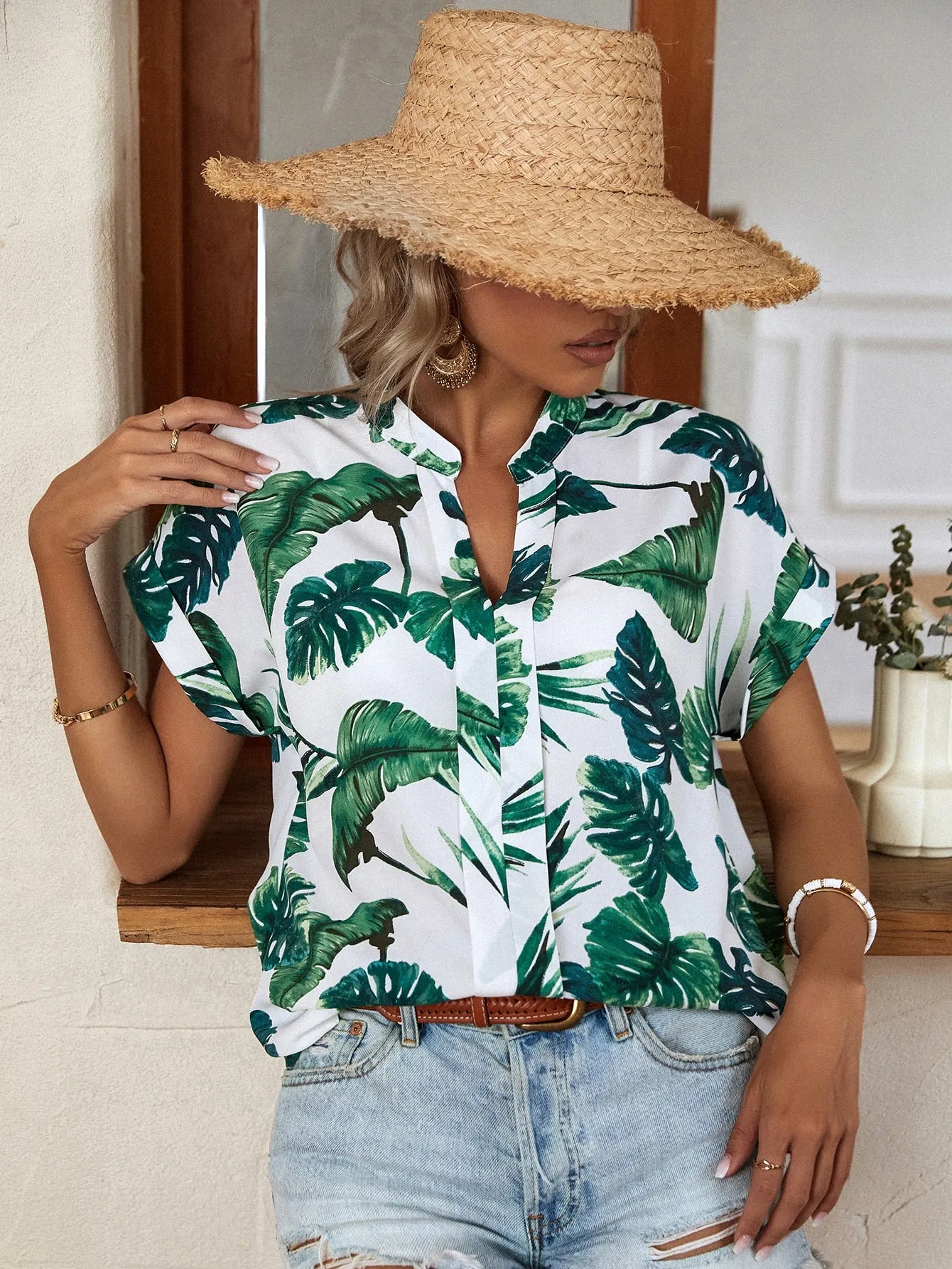 Tropical Print Dolman Sleeve Press Crease Detail Blouse