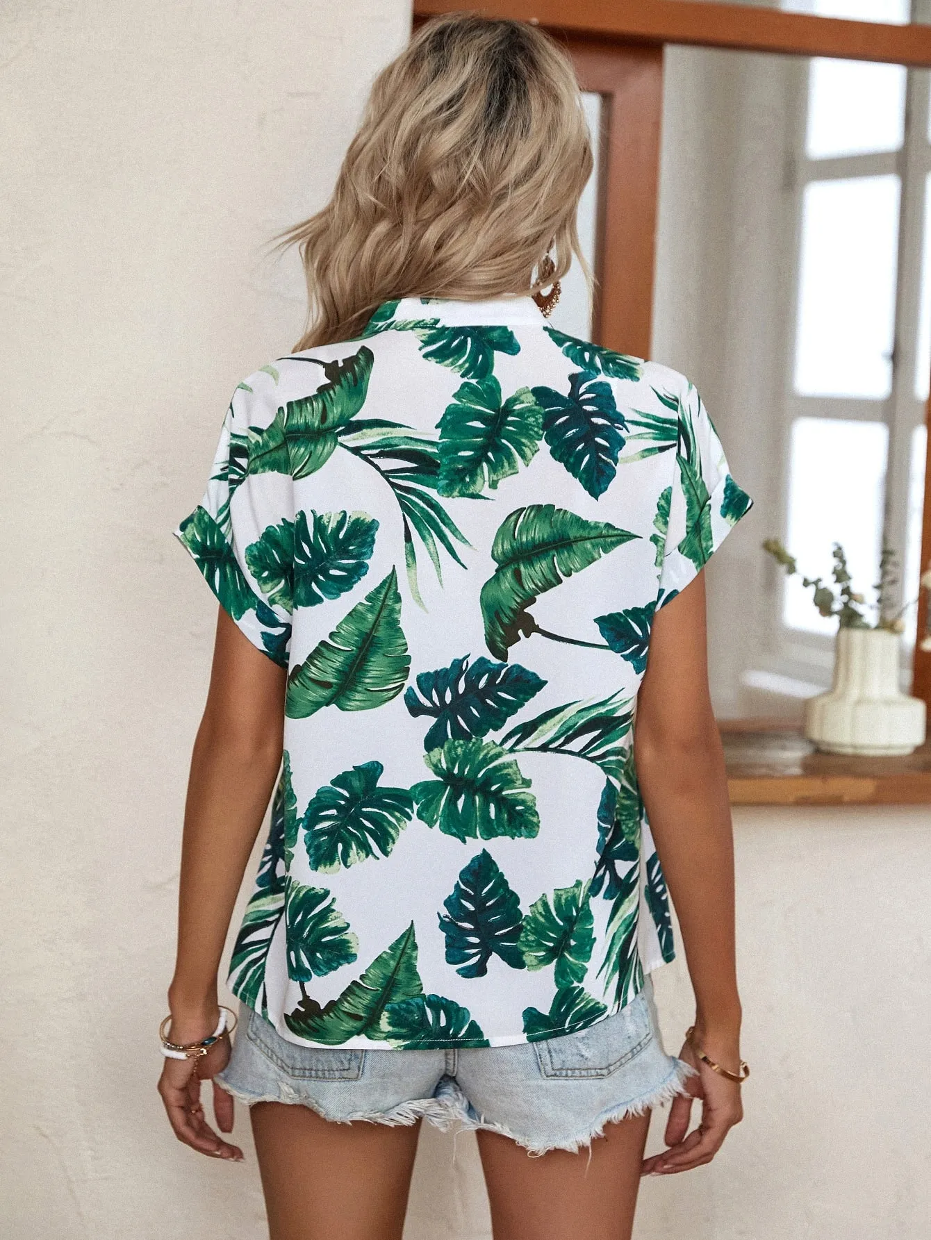 Tropical Print Dolman Sleeve Press Crease Detail Blouse