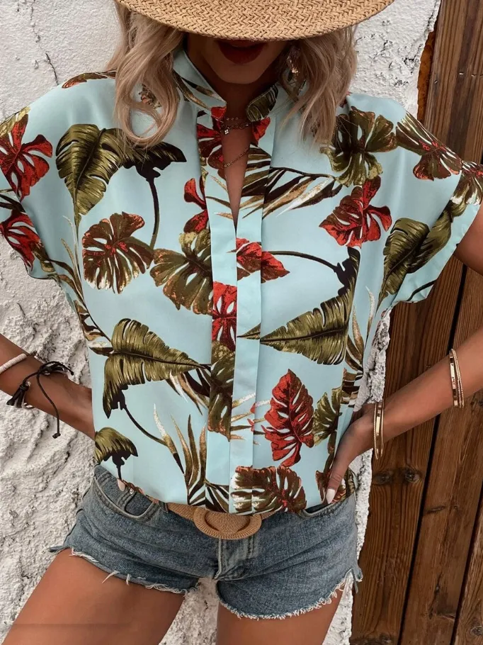 Tropical Print Dolman Sleeve Press Crease Detail Blouse