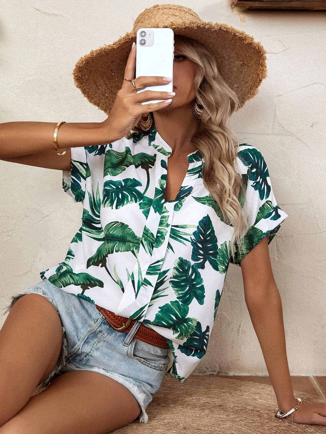 Tropical Print Dolman Sleeve Press Crease Detail Blouse