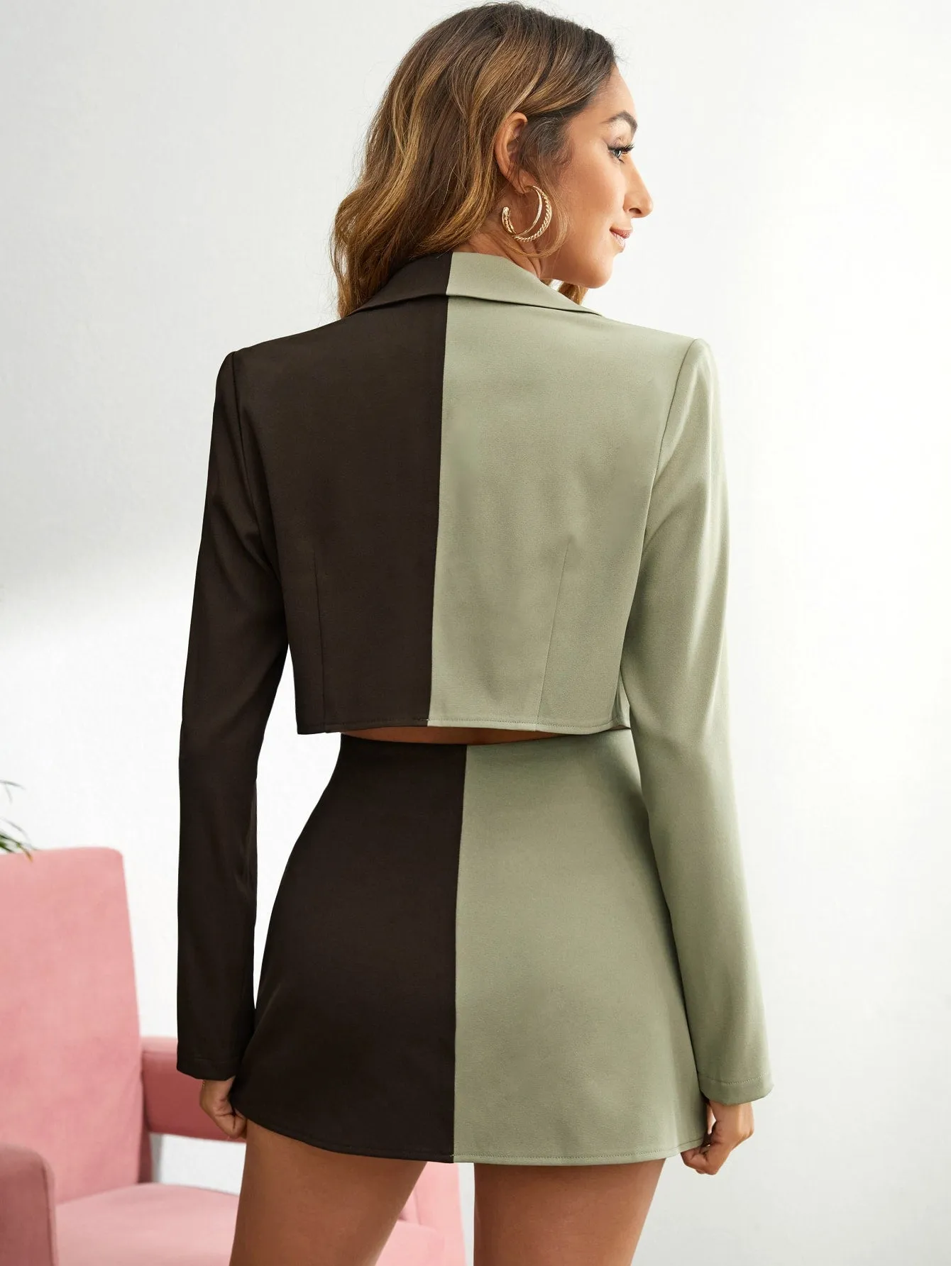 Two Tone Single Button Crop Blazer & Skirt