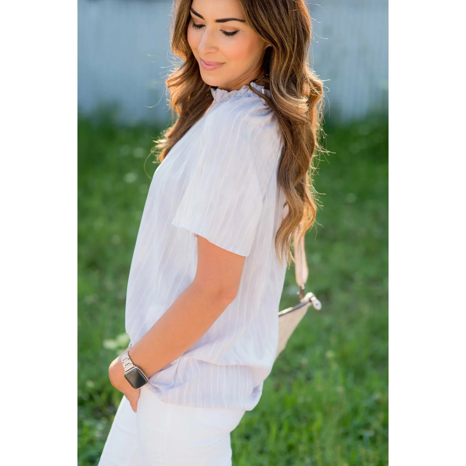 Vertical Striped Cinch Neck Blouse