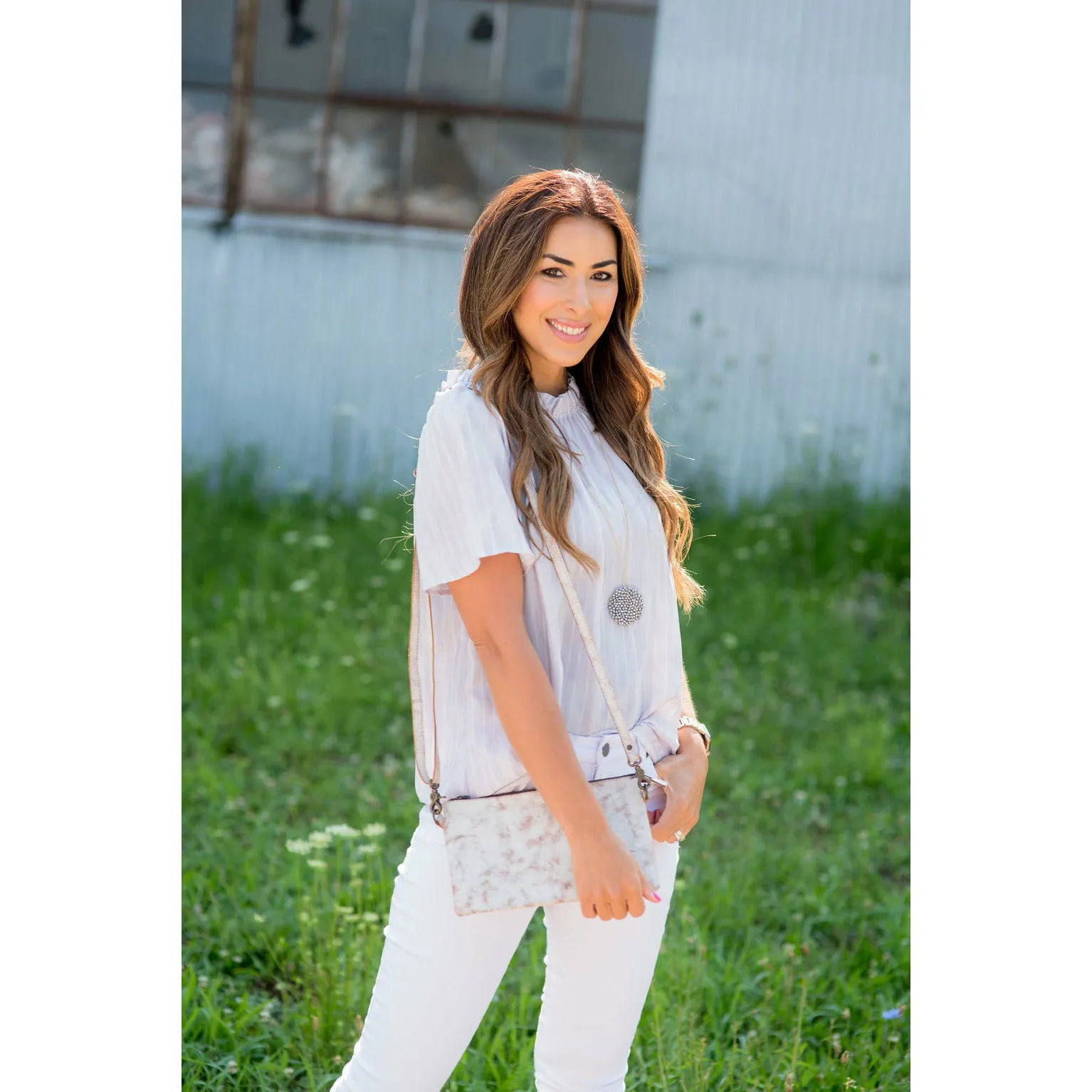 Vertical Striped Cinch Neck Blouse