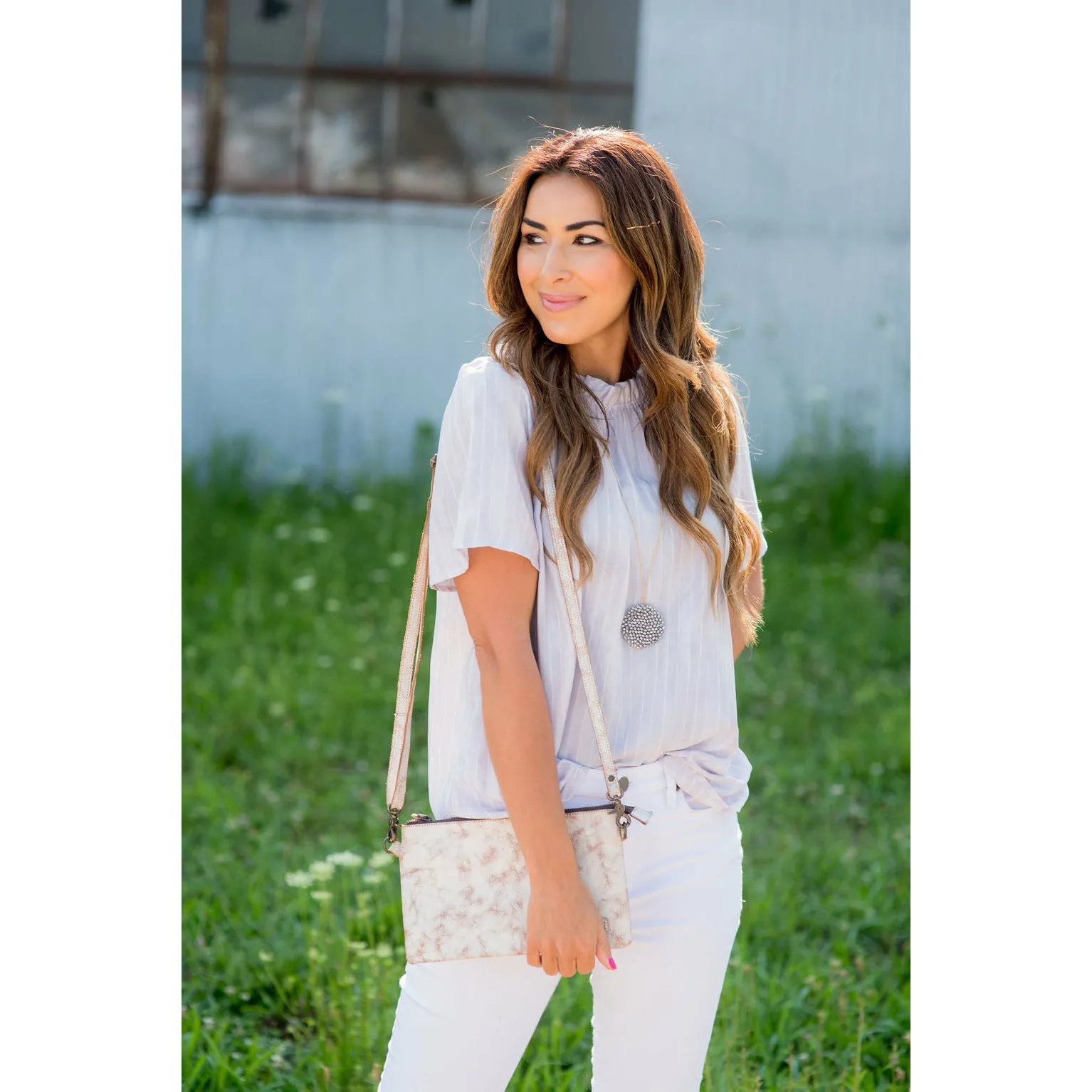 Vertical Striped Cinch Neck Blouse