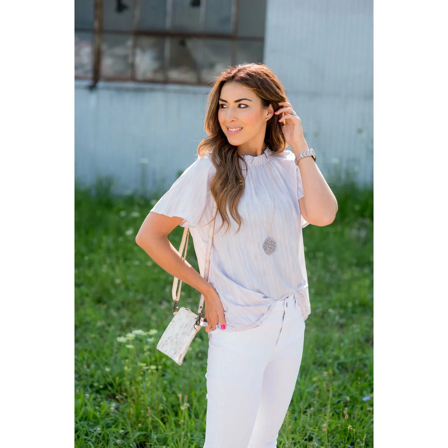 Vertical Striped Cinch Neck Blouse