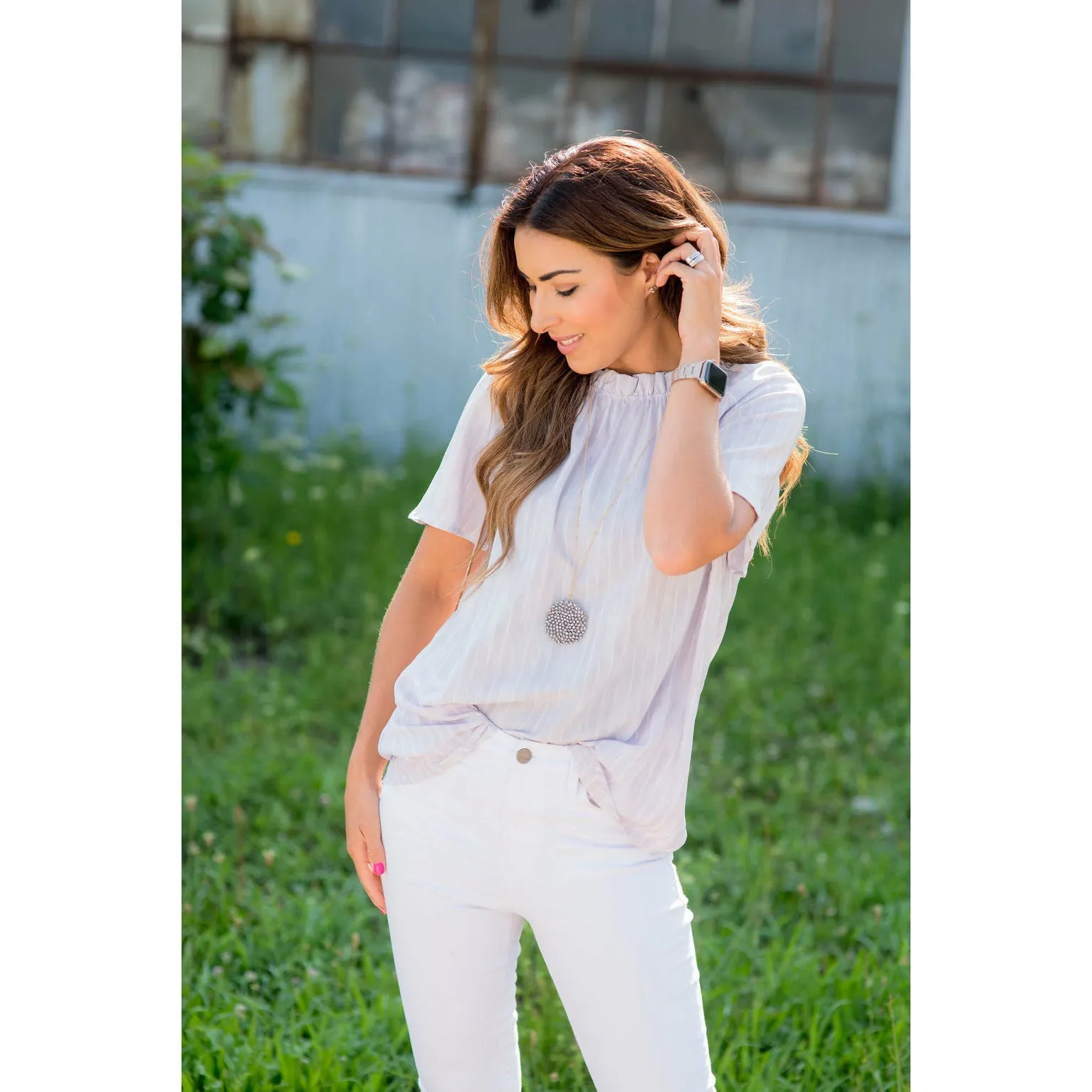 Vertical Striped Cinch Neck Blouse