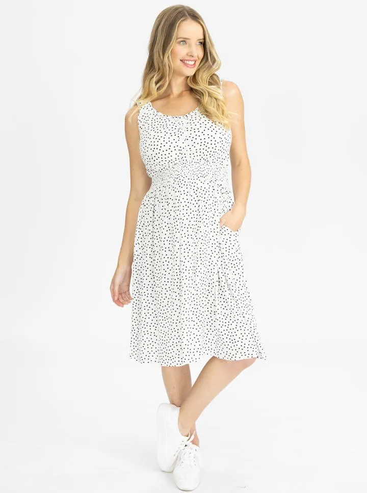 White Maternity/Nursing Dress With Black Dots