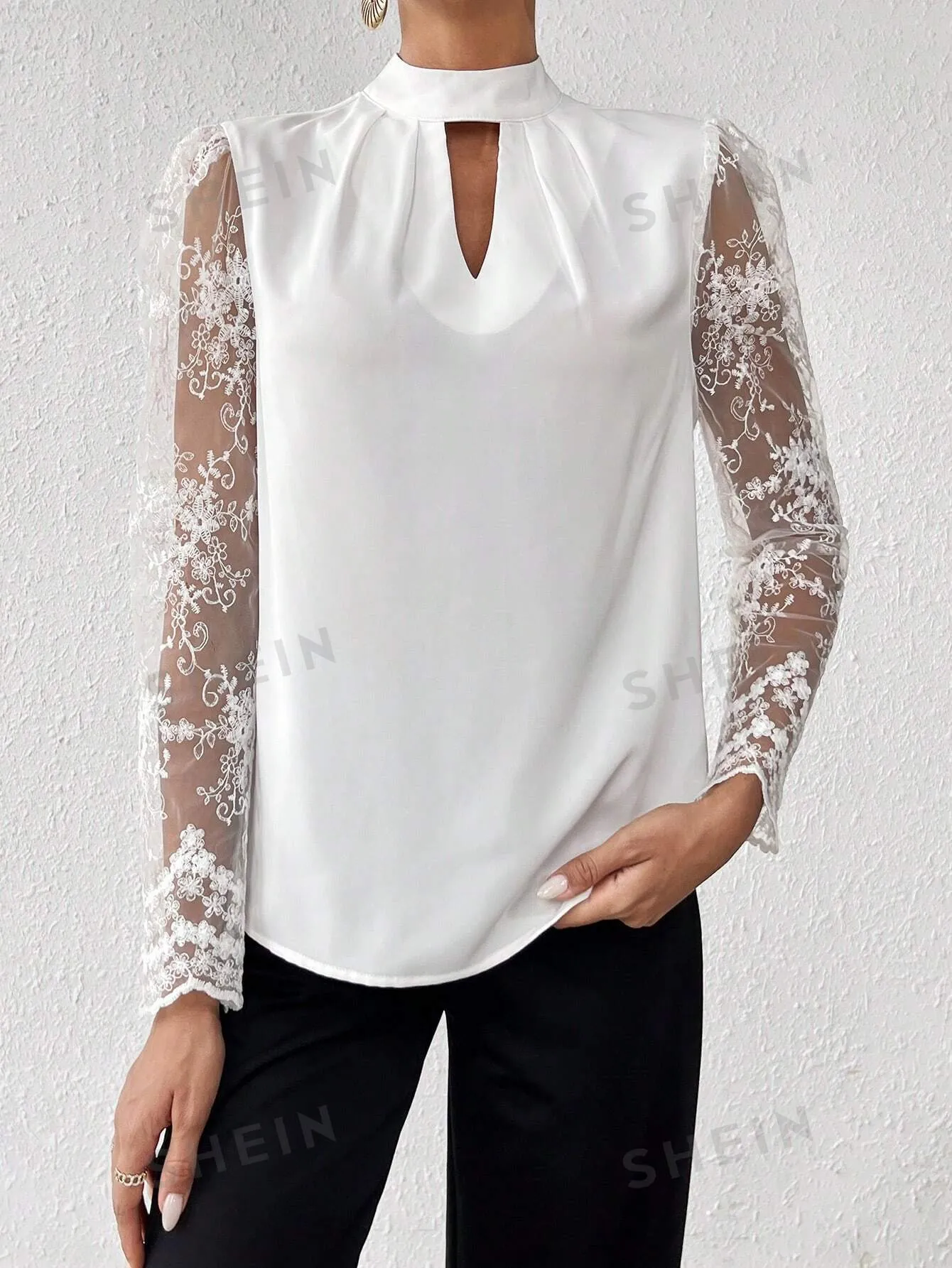 Women's Lace Patchwork Long Sleeve Shirt For Spring Office Lady