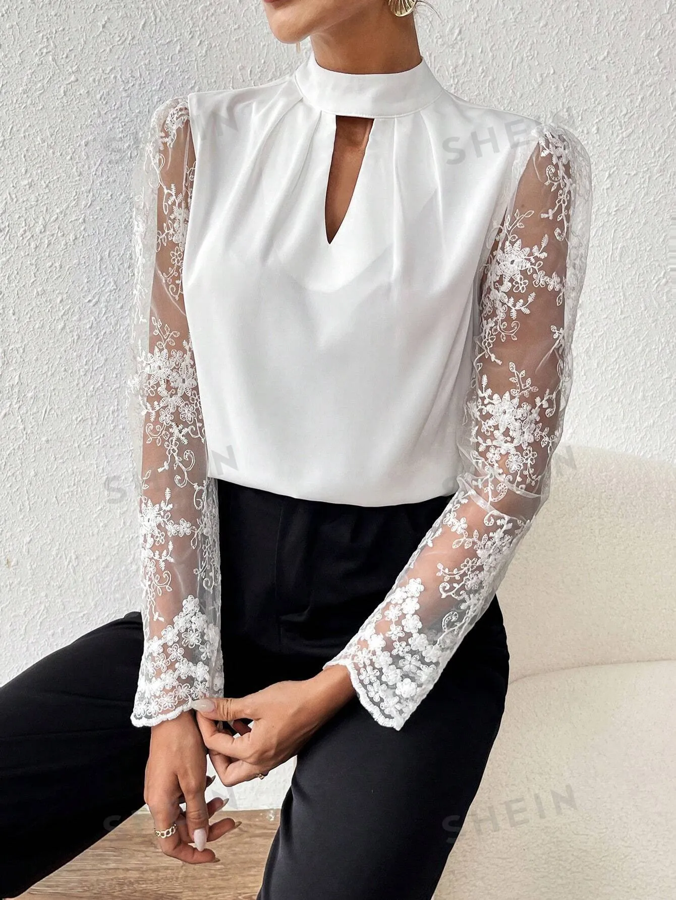 Women's Lace Patchwork Long Sleeve Shirt For Spring Office Lady