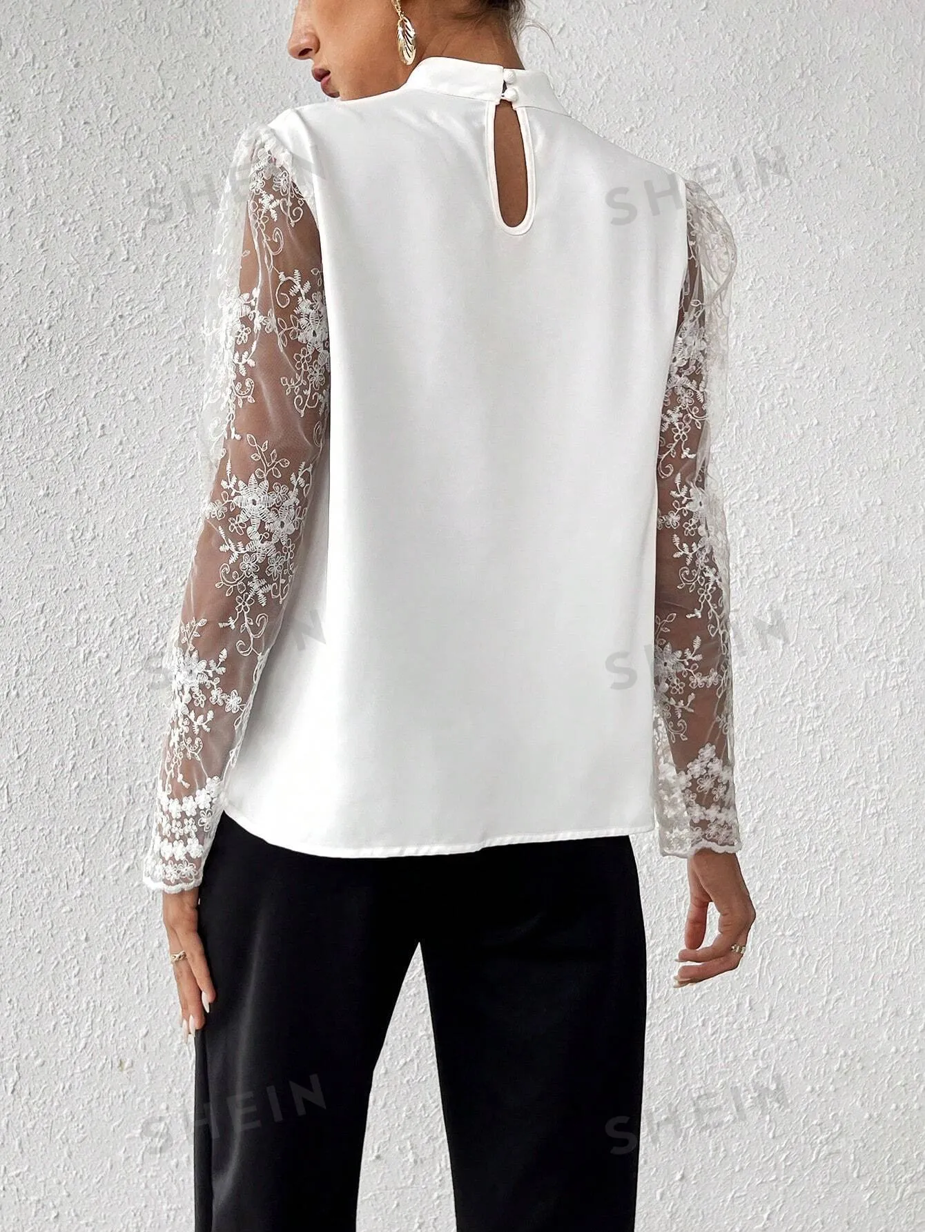 Women's Lace Patchwork Long Sleeve Shirt For Spring Office Lady