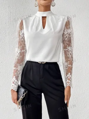 Women's Lace Patchwork Long Sleeve Shirt For Spring Office Lady