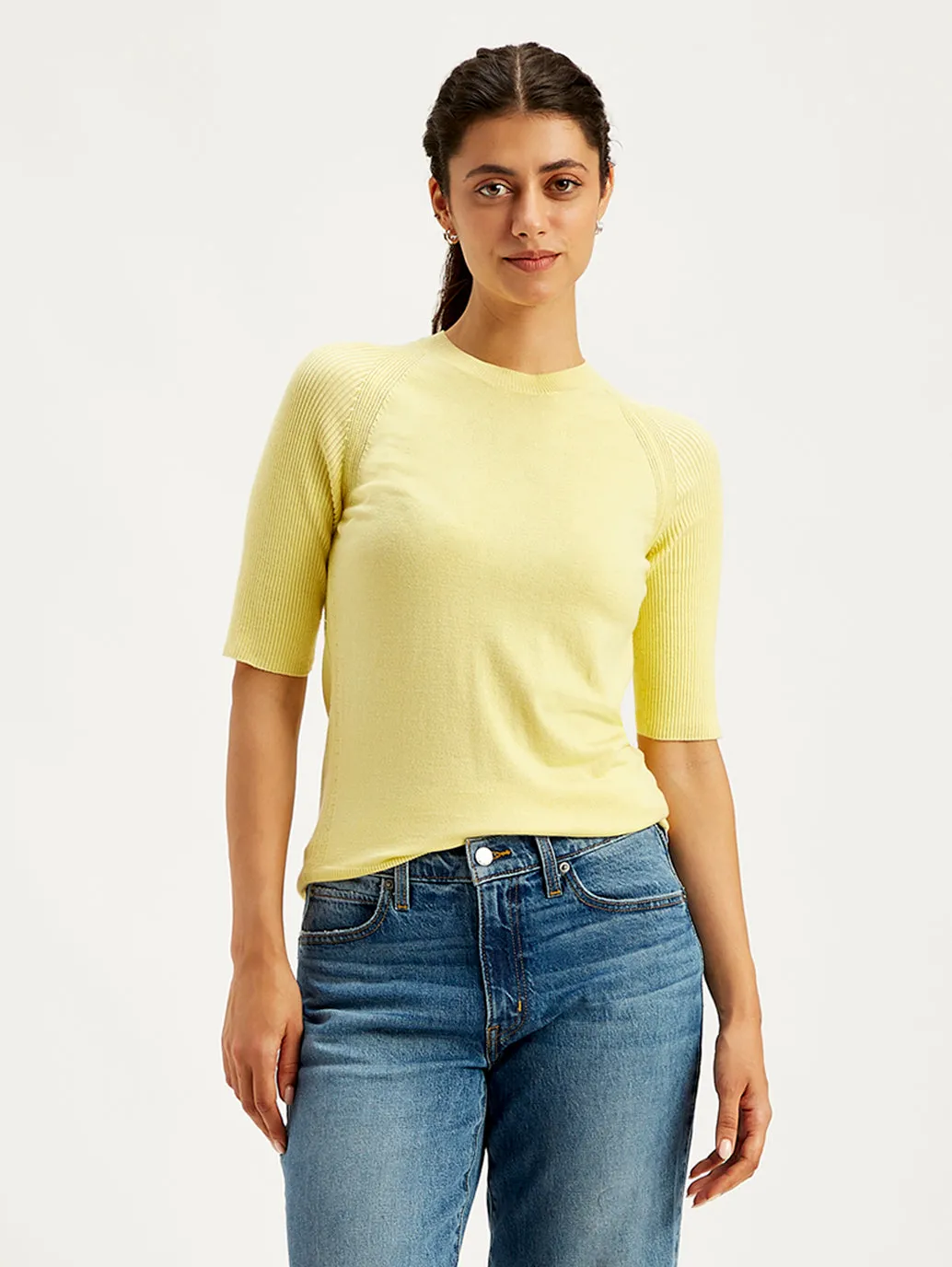 Women's Solid Yellow Crew Neck Sweater