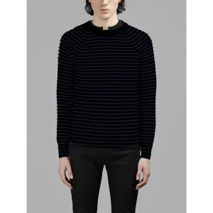 XS NEW $690 SAINT LAURENT Men's Black Blue Stripe WOOL KNIT Long Sleeve SWEATER