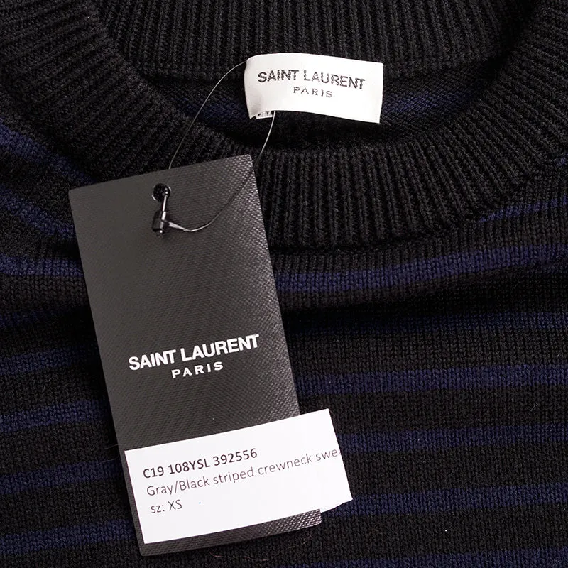 XS NEW $690 SAINT LAURENT Men's Black Blue Stripe WOOL KNIT Long Sleeve SWEATER