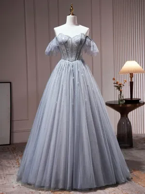 Yamileth | Gray Tulle Off Shoulder Beaded Party Dress, A-Line Tulle Formal Dress Prom Dress