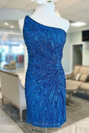 Zariyah | Blue Beaded One-Shoulder Short Cocktail Dress